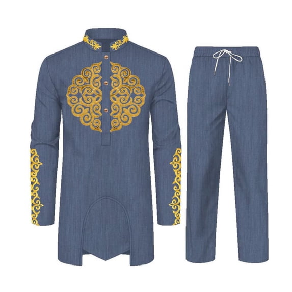 High Quality African Mens 2 Piece Set Long Sleeve Gold Embroidery Dashiki Shirt and Pants Outfit Traditional Suit WYN1913
