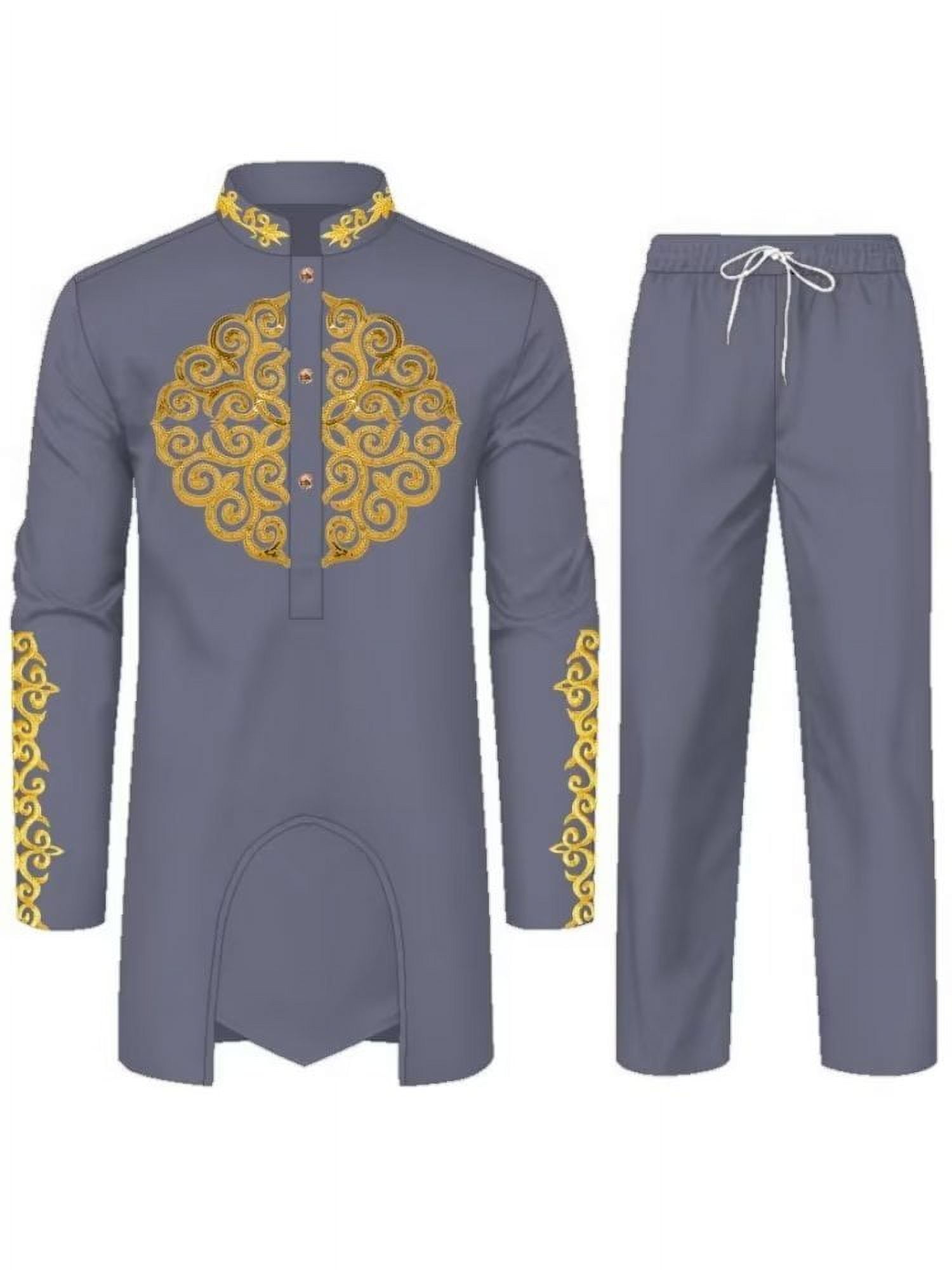 High Quality African Mens 2 Piece Set Long Sleeve Gold Embroidery Dashiki Shirt and Pants Outfit Traditional Suit WYN1913