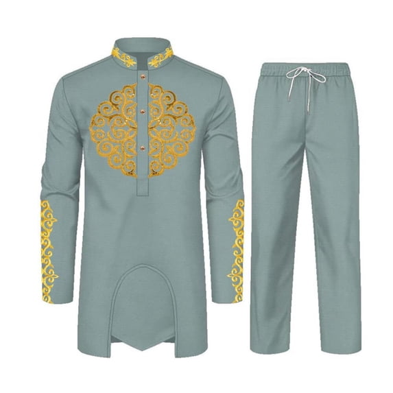 High Quality African Mens 2 Piece Set Long Sleeve Gold Embroidery Dashiki Shirt and Pants Outfit Traditional Suit WYN1913