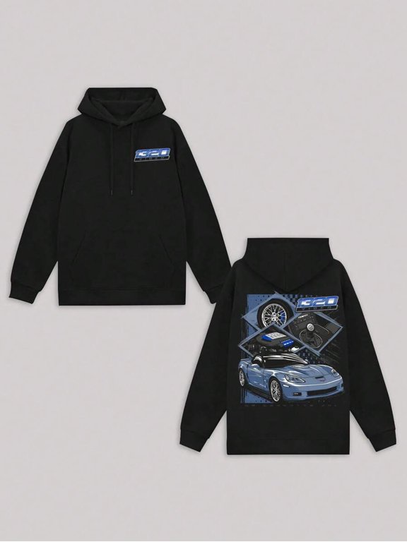 High-Quality Black Hoodie with Corvette C6 Graphic Print - Unisex