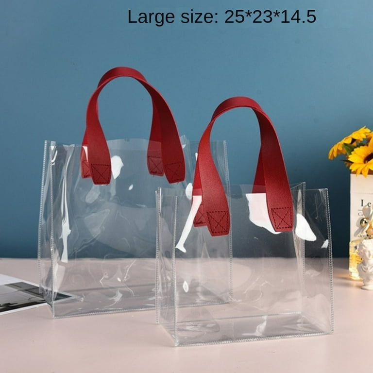 Linrong High Quality Brand New PVC Handle Waterproof Storage Bag Transparent Shopping Bags Clear Tote Bag Hand Gift Bag L Large Red Women s