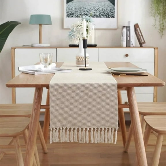Burlap Table Runner 13" W*73" L Light Jute Solid Color Tassel Dining Table Decoration For Farmhouse Home Party Daily Use