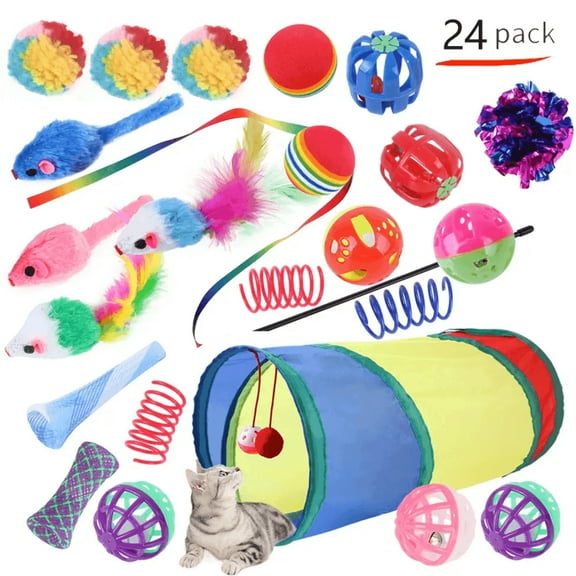 Multi Variety Mouse Spring Ball Cat Toys 24 Pack With Tunnel