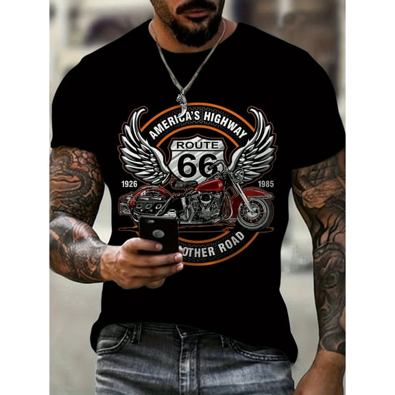 High-Quality Cotton Route 66 Motorcycle Print Men’s Casual Short Sleeve T-Shirt, Retro Americana Design, Regular Fit, All-Season Comfort, Hand Wash Only