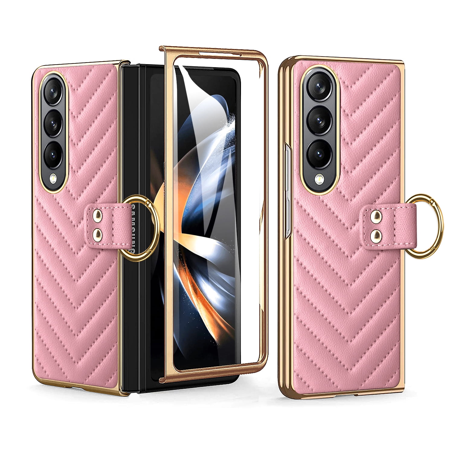 High Quality Electroplated Folding Screen Phone Leather Case for Samsung Fold 5, Ring Bracket Shell Film Protective Cover