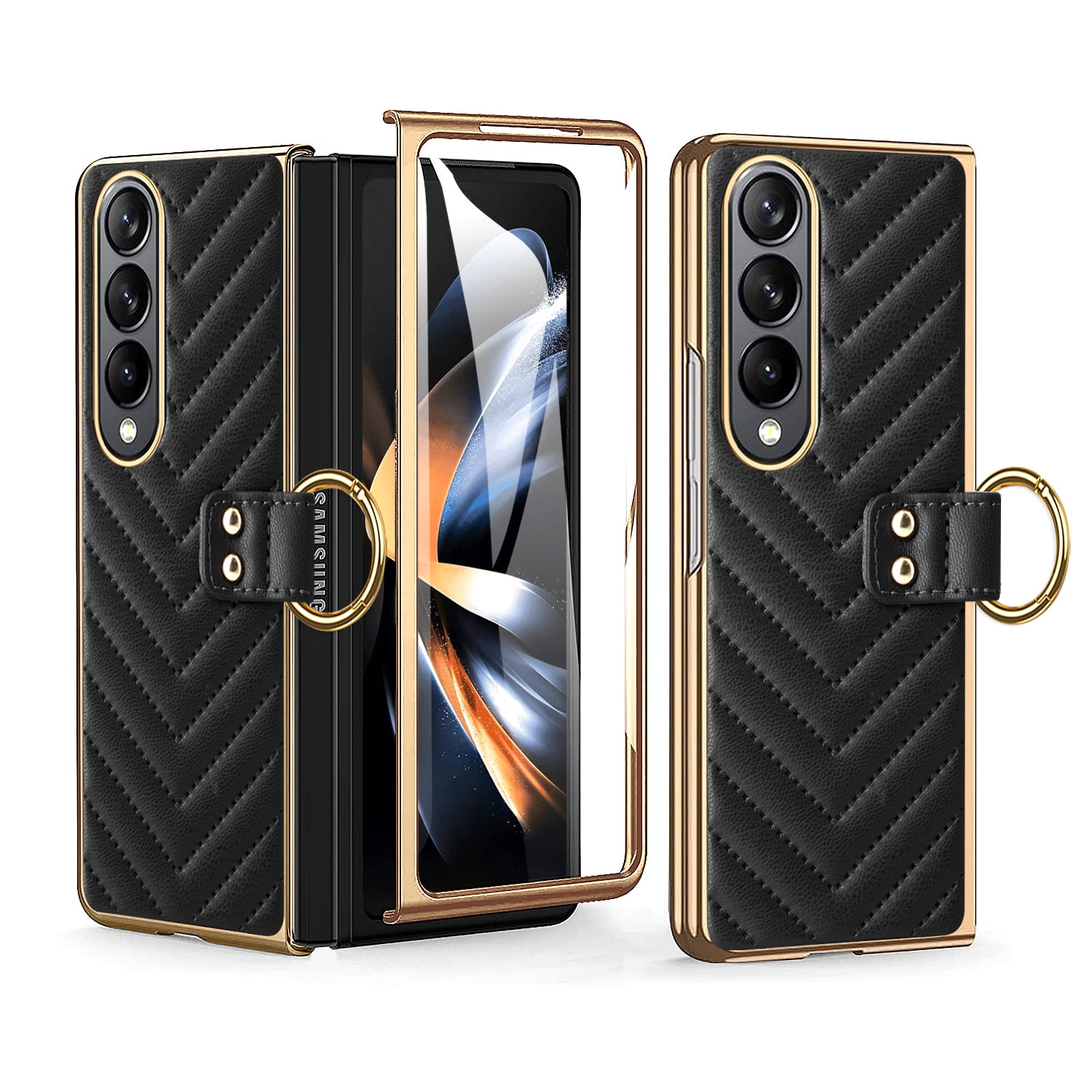 High Quality Electroplated Folding Screen Phone Leather Case for Samsung Fold 6, Ring Bracket Shell Film Protective Cover