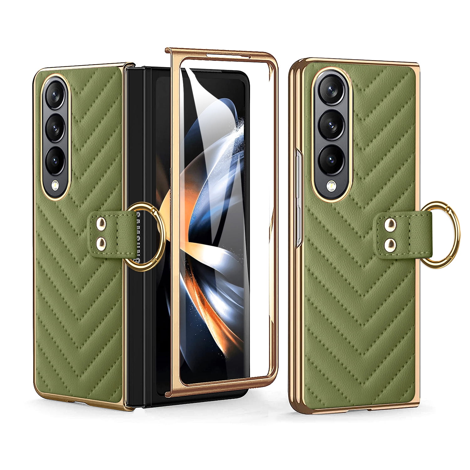 High Quality Electroplated Folding Screen Phone Leather Case for Samsung Fold 6, Ring Bracket Shell Film Protective Cover