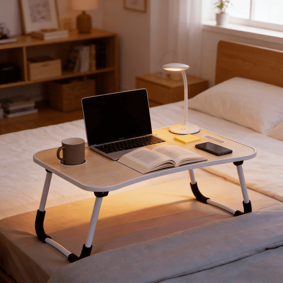 High-Quality Foldable Laptop Table, Portable Lap Desk with Cup Holder & Tablet Slot, Versatile Bed Table for Work, Study, Breakfast, Sofa/Bed/Floor/Outdoor Use, Spacious & StableOff-White
