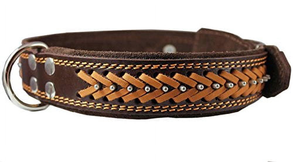 High Quality Genuine Leather Braided Studded Dog Collar, Brown 1.6" Wide. Fits 19"-24" Neck.