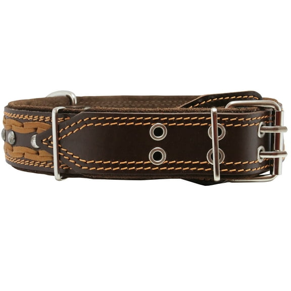 High Quality Genuine Leather Braided Studded Dog Collar, Brown 1.75" Wide. Fits 22"-27" Neck, XLarge.