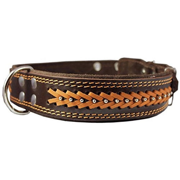 High Quality Genuine Leather Braided Studded Dog Collar, Brown 1.75" Wide. Fits 22"-27" Neck.