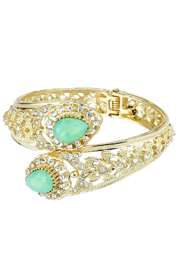 High Quality Gold Color Stunning Mint Green Crystal Traditional Openable Cuff Wedding Bracelet Bangle For Women