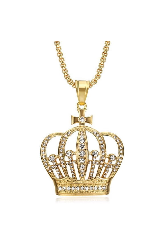 High Quality Golden Color Clear Cubic Zirconia Hip Hop Bling KING Crown 14K Yellow Gold Pendant Necklace Jewelry
