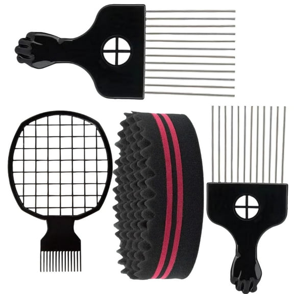 High-Quality Hairstyling Sponge Set - Twist King Sponge + Afro Pick Kit, Perfect for Creating Curls and Twists 4pcs)