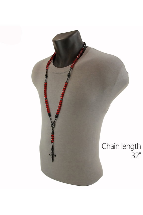 High Quality Hip Hop 8mm RED Bead Black Rosary Pray Hand & Jesus Cross Necklace HR200 BKRD