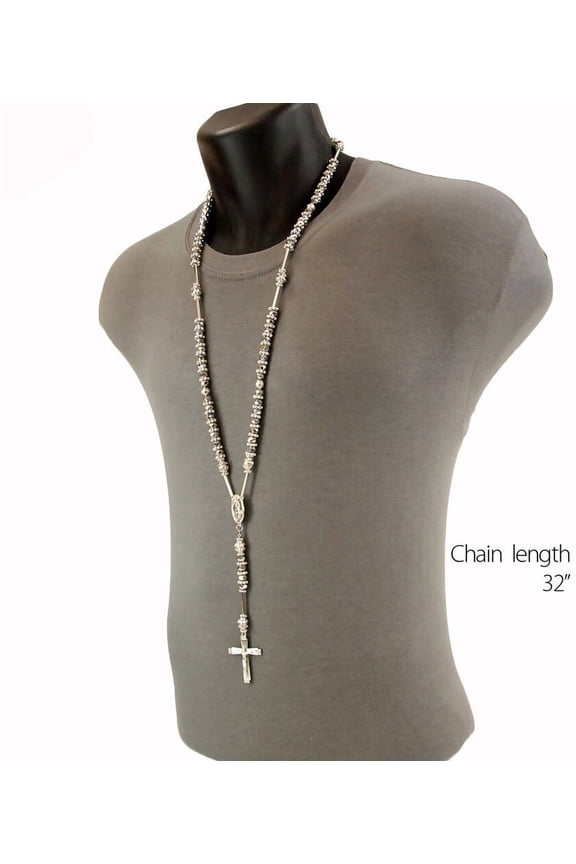 High Quality Hip Hop 8mm Silver Bead Rosary Pray Hand & Jesus Cross Necklace HR200 S