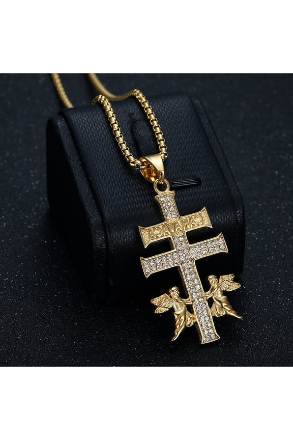 High Quality Hip Hop Iced Out 14K Gold Caravaca Angel Cross Pendants Necklaces for Men Rapper Jewelry