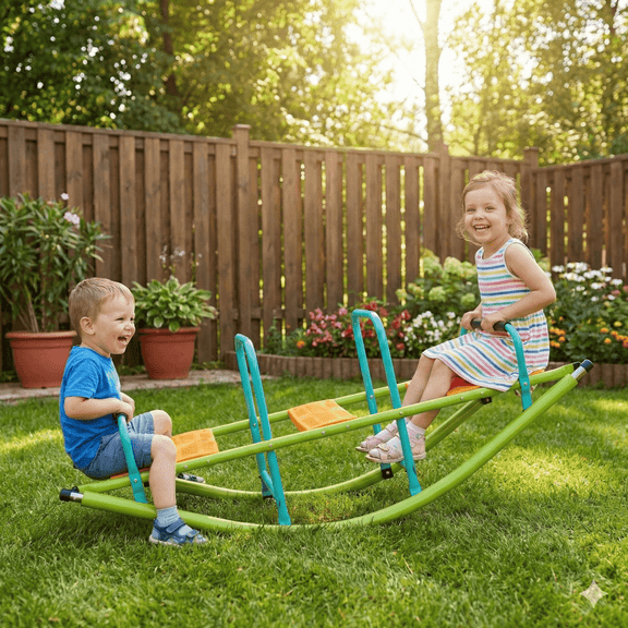 High Quality Kids Rocker Seesaw with Plastic Seat, Outdoor Playground Equipment Cute Baby Rocker, Blue & Green Steel Tube Teeter Totter for Kids Age 3+