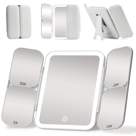 High-Quality LED Makeup Mirror with 5X,10X,20X,30X Magnification, Triple Folding Design, Touch Control Adjustable Brightness Lighting Modes