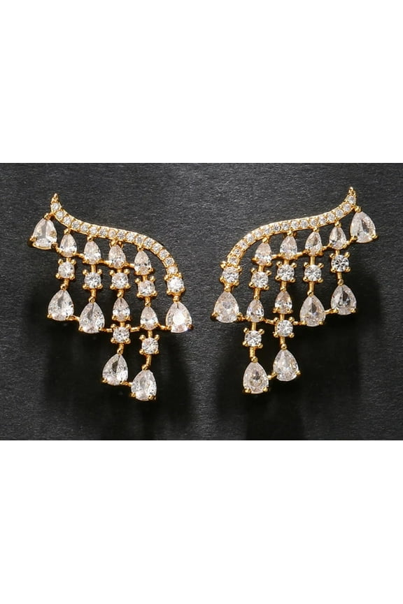 High Quality Luxury Fashion Golden Cubic Zirconia Tassel Big Stud Earrings Bridal Wedding Fashion Jewelry