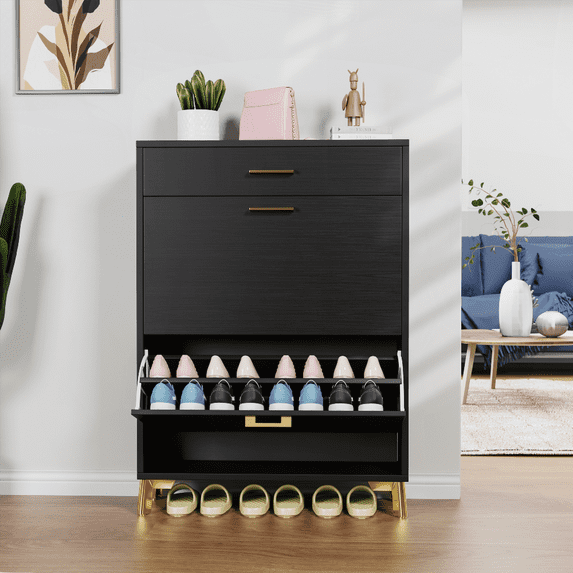 High-Quality MDF & Metal Entryway Shoe Storage Cabinet - 2 Flip Drawers with 2 Levels + Bottom Rack, Narrow Free Standing Organizer for Hallway Closet, Black