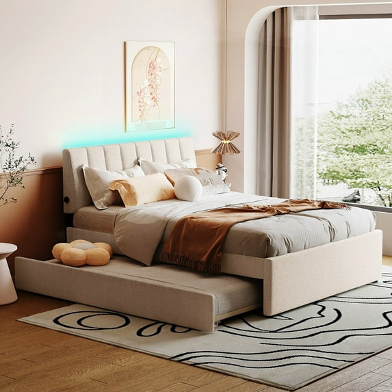 High - Quality Materials, LED Night Light - Beige Full Size Upholstered Bed