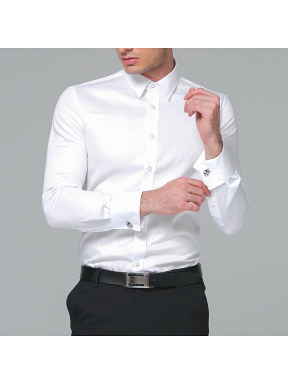 High Quality Men's New Pure White Regular Shirt Business Long Sleeved Shirt With Cufflinks Men's Shirt Asian Size M