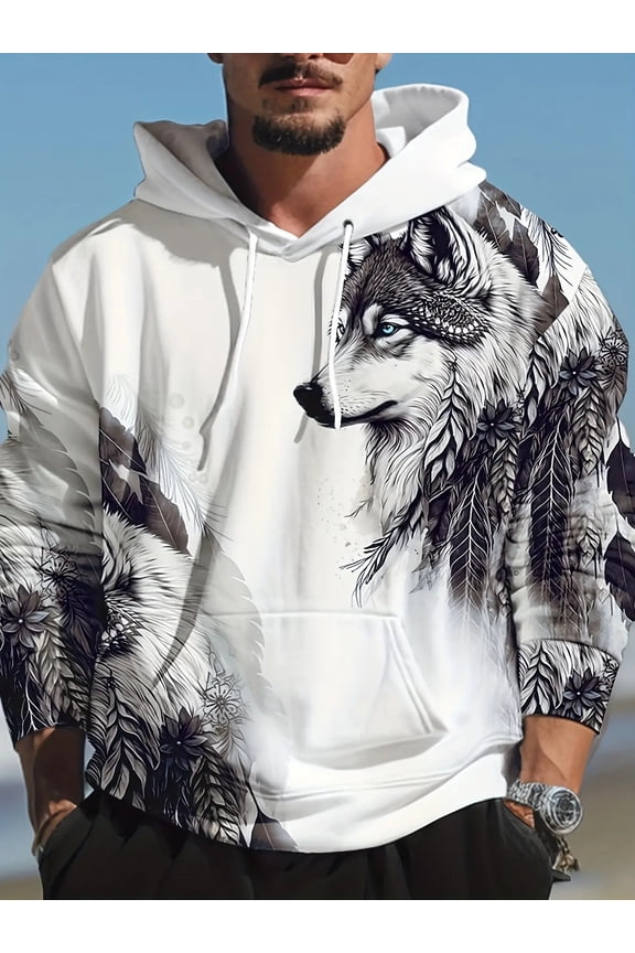 High-Quality Men's Pullover Daily Classic Casual Wolf Pattern 3D Printed Hoodie Blue Designer Vacation Outing Streetwear Hooded 3D Printed Spring Autumn Casual Fashion