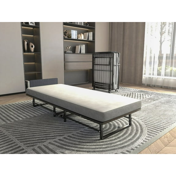 High-Quality Metal Folding Bed Frame Equipped with 4" Foam Mattress and 4 Smooth-Rolling Castors for Versatile Use