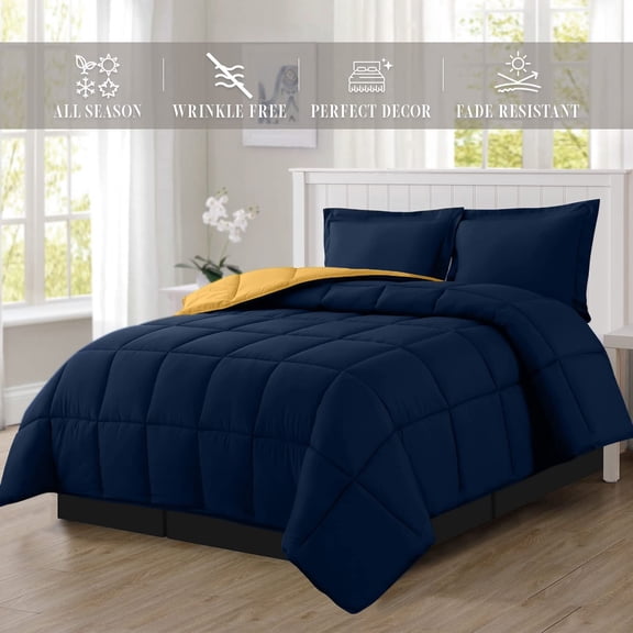 High Quality - NEW - 3-Piece Reversible Comforter Set, All Season Suitable, Box-Stitched Down Alternative, King/California King, Navy/Yellow