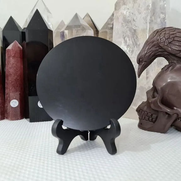 High Quality Natural Black Obsidian Scrying Mirror Healing Crystals Stone Round Plate Mirror Home Decor with Shelf