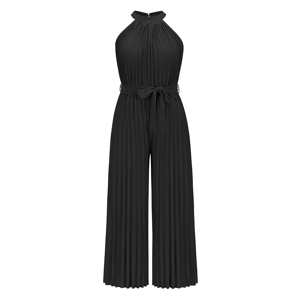 Bow High Neck Sleeveless Pleated Jumpsuit Taupe main image 1