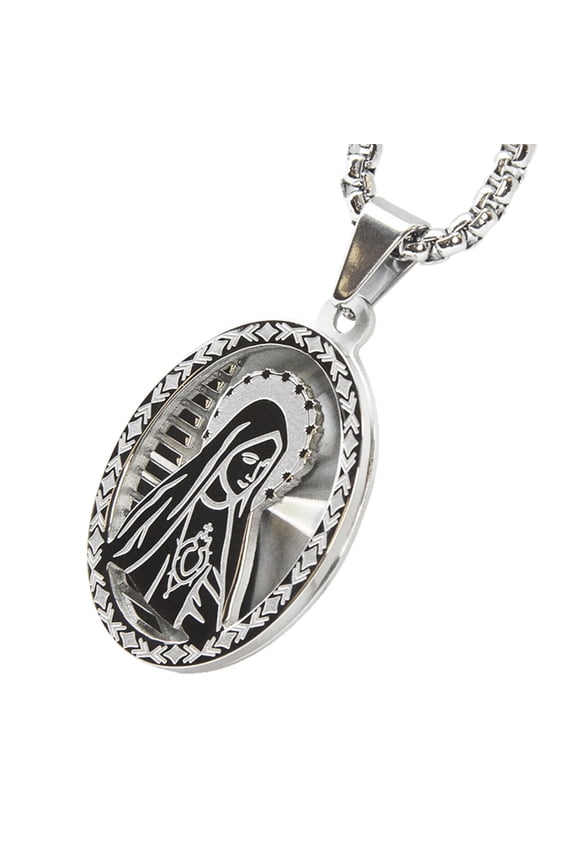 High Quality Stainless Steel Silver Plated Oval Virgin Mary Guadalupe Pendant 24" Box Chain SCP 168 S