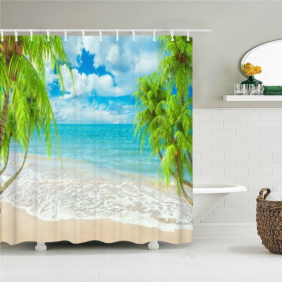 High Quality Sunny Beach Printed Fabric Shower Curtains Sea Scenery Bath Screen Waterproof Products Bathroom Decor with 12