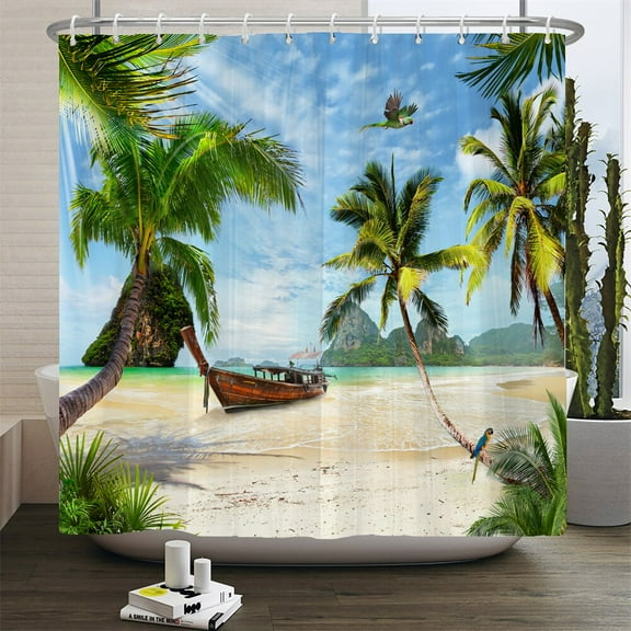 High Quality Sunny Beach Printed Fabric Shower Curtains Sea Scenery Bath Screen Waterproof Products Bathroom Decor with 12