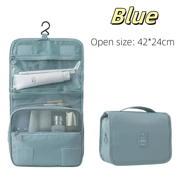 High Quality Travel Makeup Bag Waterproof Toiletries Organizer Women Neceser Bathroom Hook Wash Pouch Hook Makeup Storage Bag (Blue)