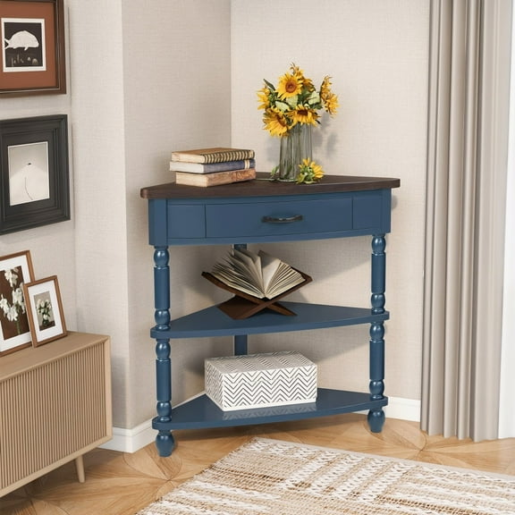 High Quality Triangle Corner Table for Small Spaces|33.8'' Navy Blue & Espresso