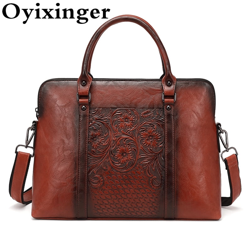 High Quality Women Laptop Briefcase Vintage Embossed Leather Laptop