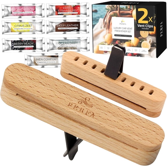 High Quality Wooden Car Air Freshener Vent Clips | 7 Fragrance Set, Long-Lasting Car Air Freshener, with Magnetic Clip | Contains Essential Oils | Provides 60 Days of Car Fragrance