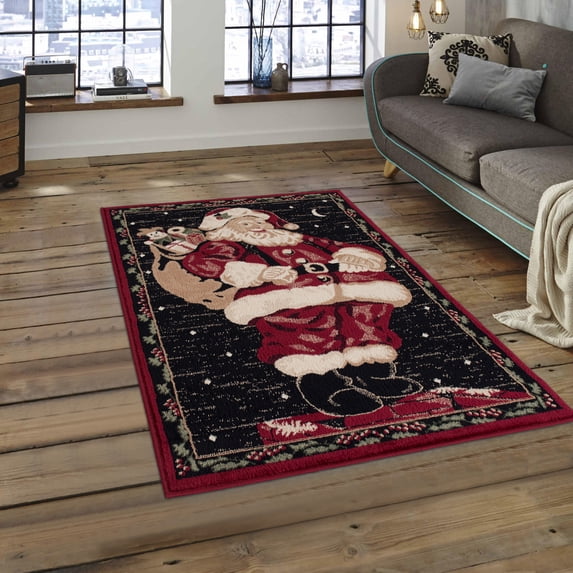 High Quality Woven Santa Claus with Mistletoe Design Border 3x5 Area Rug