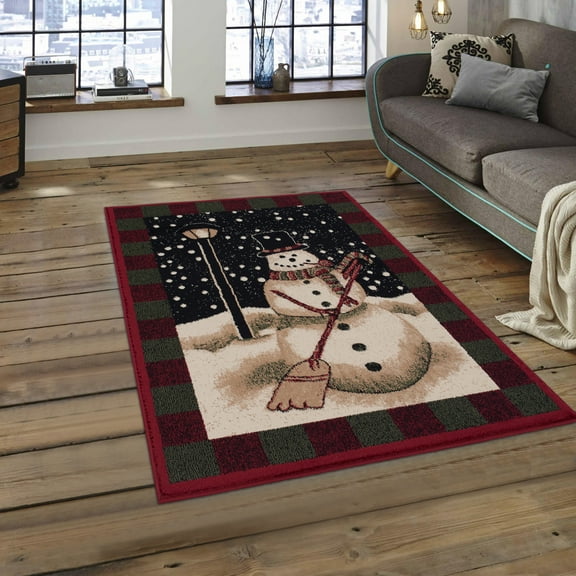 High Quality Woven Snowman with Square Design Border 3x5 Area Rug