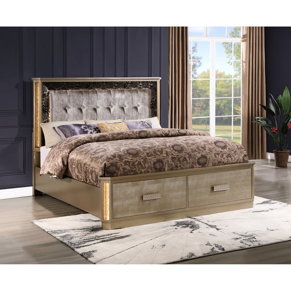 High Queen Bed In Gold With Headboard - Wood Construction And Frame