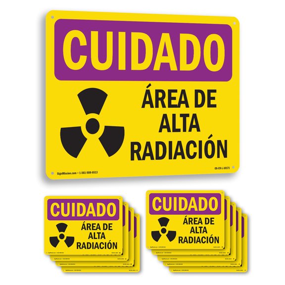 High Radiation Area Spanish OSHA Caution Radiation Aluminum Sign 14 Inch x 10 Inch - 10 Pack