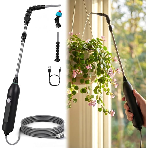 High Reach Electric Water Sprayer Wand for Hanging Plants, Telescoping Indoor Plant Waterer with Pump, 180 Adjustable Watering Nozzle, Fan Spray Head, High Flow Leak-Proof Design