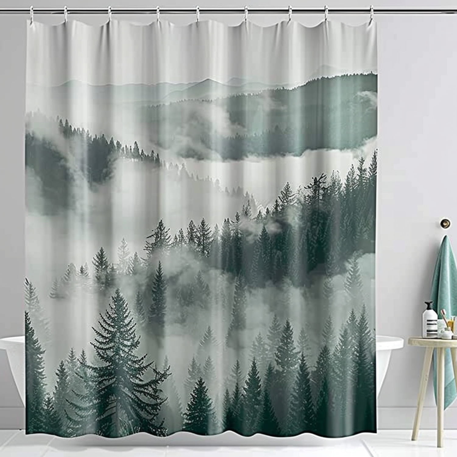 High Res Mountain Forest Shower Curtain with Minimalist Design Pine