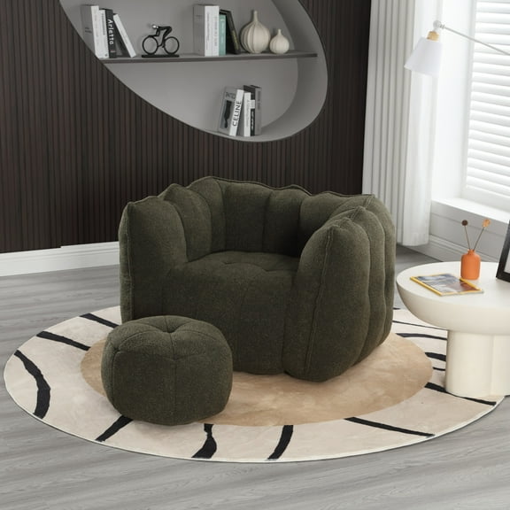 High Resilient Foam Chenille Square Bean Bag Chair with Footstool, Comfortable Armrests for Adults Gaming, Reading and TV in Living Room & Bedroom, Olive Green