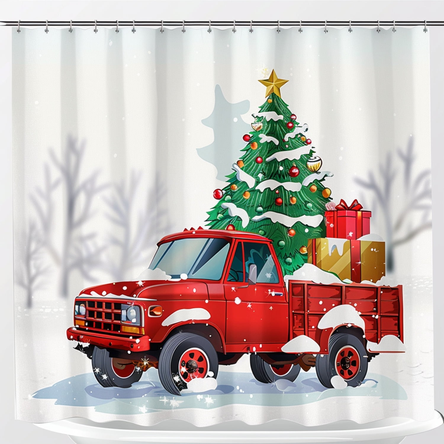 HighResolution Cartoon Style Red Truck Christmas Shower Curtain with Tree & Gifts White