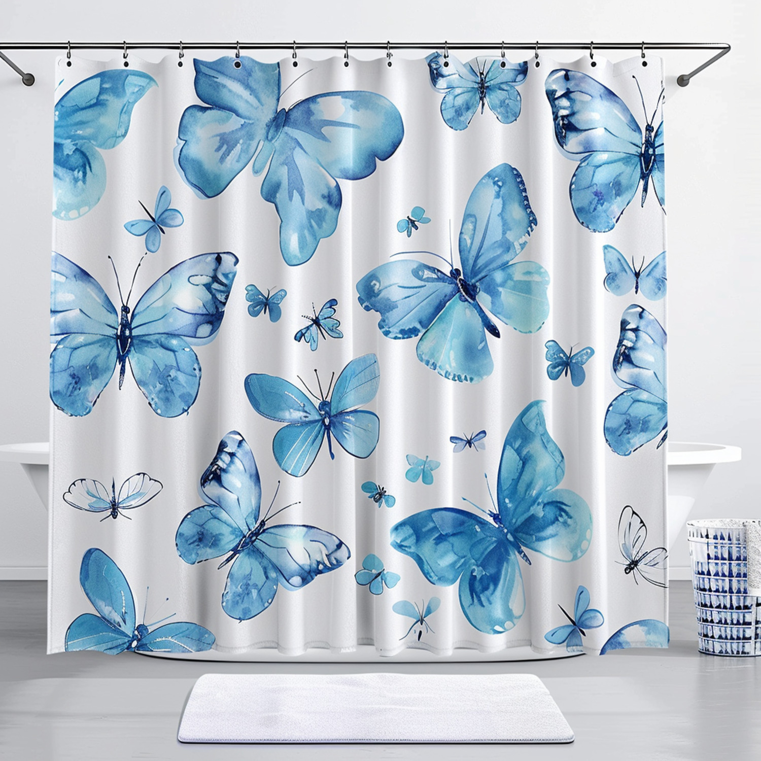 HighResolution Light Blue Butterfly Pattern Shower Curtain Set with
