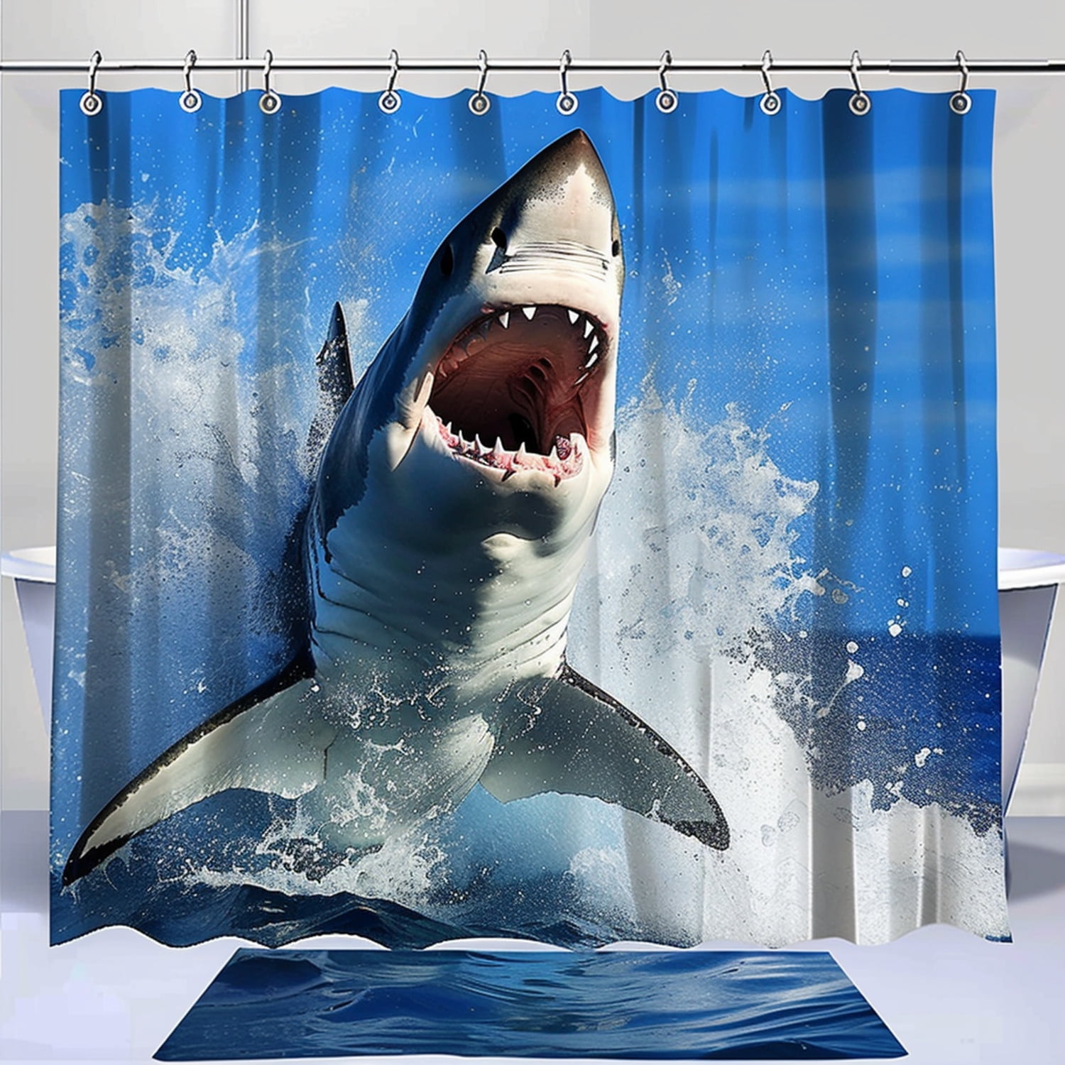 High-Resolution White Shark Jumping Out of Water Shower Curtain Set ...