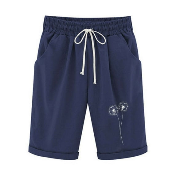 High Rise Bermuda Shorts for Women Loose Lounge Athletic Shorts Cotton Linen Dandelion Print Short Pants Casual Summer Shorts for Beach Yoga Outfits with Pockets